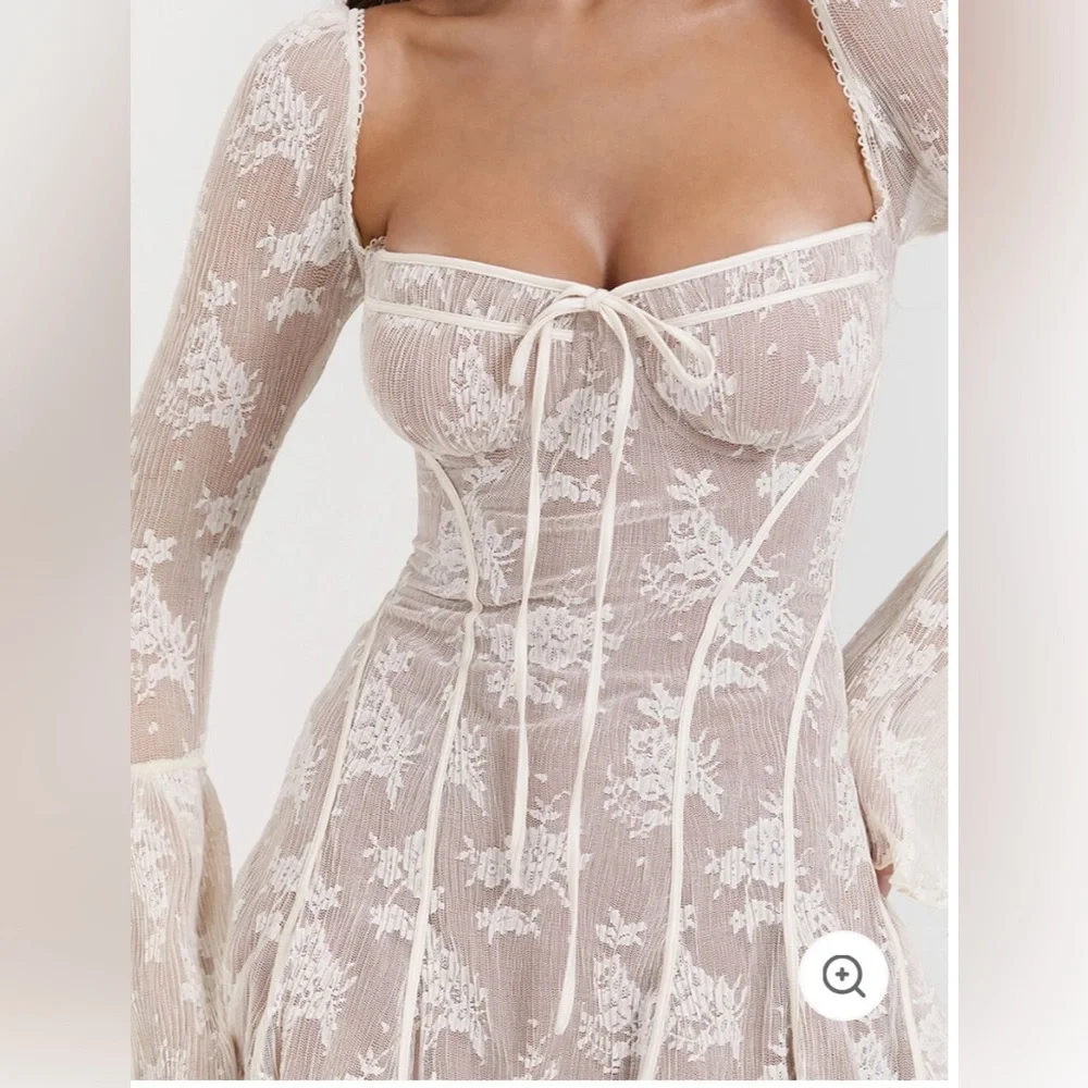 Analissa House of CB Ivory Lace Long Sleeve Mini Dress Medium Plus Cup! - Picture 3 of 4